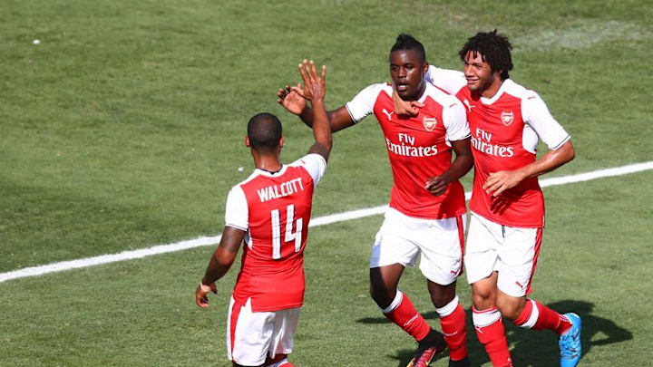 Jul 28, 2016; San Jose, CA, USA; Arsenal forward Joel Campbell (middle) celebrates with teammates after scoring a goal in the first half during the 2016 MLS All-Star Game at Avaya Stadium. Mandatory Credit: Mark J. Rebilas-USA TODAY Sports
