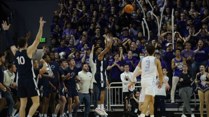 Mar 1, 2023; Evanston, Illinois, USA; Penn State Nittany Lions guard Camren Wynter (11) hits the game winning three point basket against the Northwestern Wildcats during overtime at Welsh-Ryan Arena. Mandatory Credit: David Banks-USA TODAY Sports