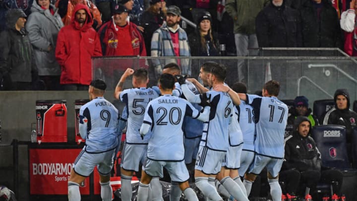 ST. LOUIS, MO - OCTOBER 29: Sporting KC players celebrate a goal during game One of the First Round of Playoffs between Sporting Kansas City and St. Louis City SC at CITYPARK on October 29, 2023 in St. Louis, Missouri. (Photo by Bill Barrett/ISI Photos/Getty Images)
