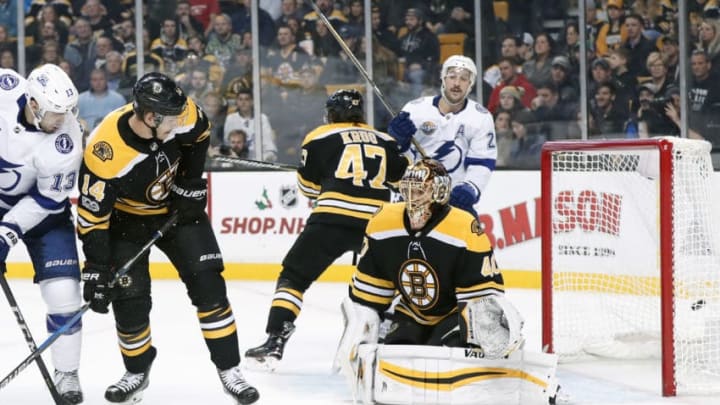BOSTON, MA - NOVEMBER 29: Tampa Bay's first goal eludes Boston Bruins goalie Tuukka Rask (40) during a game between the Boston Bruins and the Tampa Bay Lightning on November 29, 2017, at TD Garden in Boston, Massachusetts. The Bruins defeated the Lightning 3-2. (Photo by Fred Kfoury III/Icon Sportswire via Getty Images)