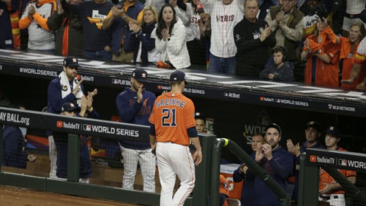 HOUSTON, TEXAS - OCTOBER 30: Zack Greinke #21 of the Houston Astros is taken out of the game against the Washington Nationals during the seventh inning in Game Seven of the 2019 World Series at Minute Maid Park on October 30, 2019 in Houston, Texas. (Photo by Bob Levey/Getty Images)