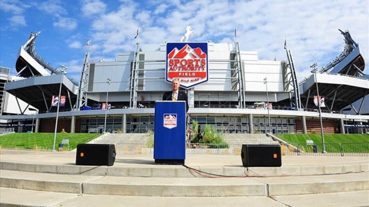 Sept 8, 2011; Denver CO, USA; Denver Broncos president Joe Ellis speaks during a media event to unveil the new stadium signage at Sports Authority Field. Mandatory Credit: Ron Chenoy-USA TODAY Sports