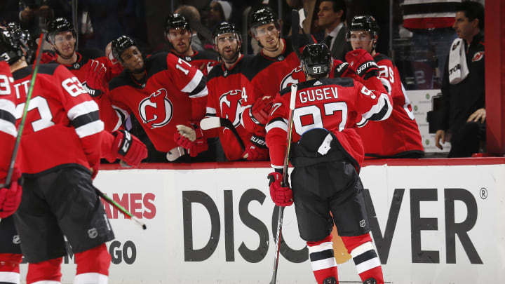 NEWARK, NJ- OCTOBER 17: Nikita Gusev #97 of the New Jersey Devils celebrates his third period goal during the game against the New York Rangers on October 17, 2019 at Prudential Center in Newark, New Jersey. (Photo by Andy Marlin/NHLI via Getty Images)