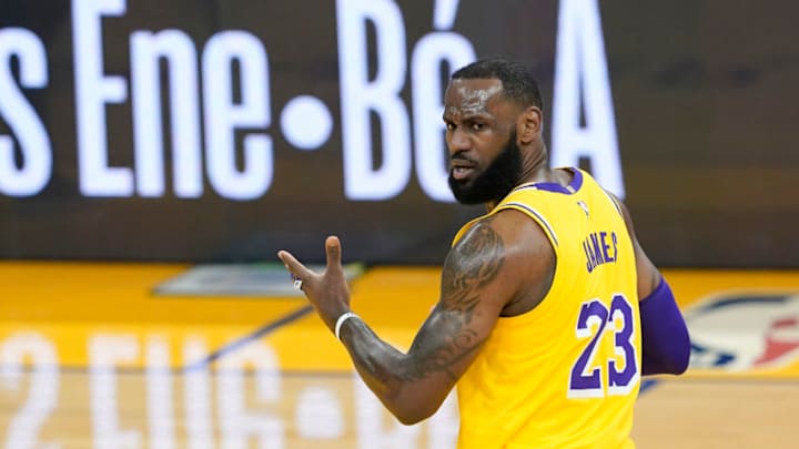 SAN FRANCISCO, CALIFORNIA - MARCH 15: LeBron James #23 of the Los Angeles Lakers reacts to a call by the officials against the Golden State Warriors during the first half of an NBA basketball game at Chase Center on March 15, 2021 in San Francisco, California. NOTE TO USER: User expressly acknowledges and agrees that, by downloading and or using this photograph, User is consenting to the terms and conditions of the Getty Images License Agreement. (Photo by Thearon W. Henderson/Getty Images) SAN FRANCISCO, CALIFORNIA - MARCH 15: LeBron James #23 of the Los Angeles Lakers reacts to a call by the officials against the Golden State Warriors during the first half of an NBA basketball game at Chase Center on March 15, 2021 in San Francisco, California. NOTE TO USER: User expressly acknowledges and agrees that, by downloading and or using this photograph, User is consenting to the terms and conditions of the Getty Images License Agreement. (Photo by Thearon W. Henderson/Getty Images)