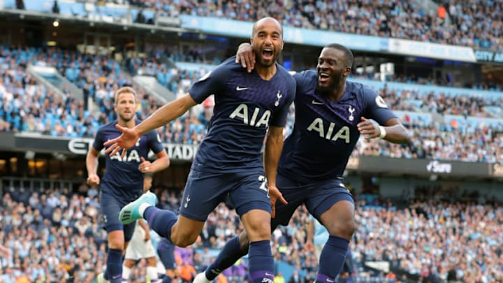 Tottenham Hotspur's Lucas Moura celebrates his sides second goal of the game Manchester City v Tottenham Hotspur - Premier League - Etihad Stadium 17-08-2019 . (Photo by Richard Sellers/EMPICS/PA Images via Getty Images)