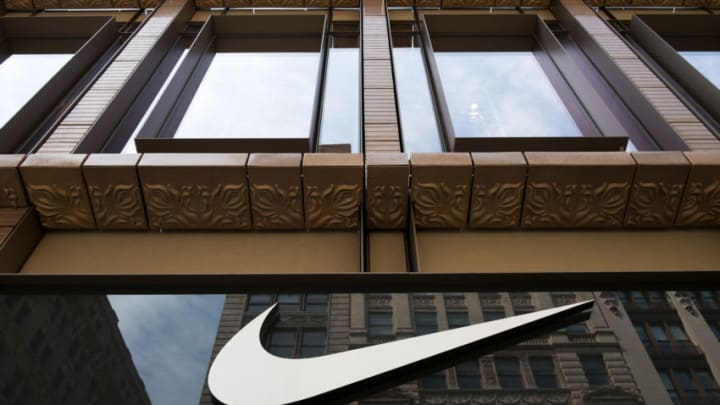 NEW YORK, NY - JUNE 15: The Nike 'swoosh' logo is displayed on the outside of the Nike SoHo store, June 15, 2017 in New York City. Nike announced plans on Thursday to cut about 2 percent of its global workforce. (Photo by Drew Angerer/Getty Images)