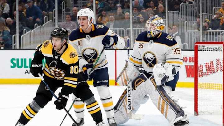 BOSTON, MA - NOVEMBER 21: Boston Bruins right wing Anders Bjork (10) tries to set up in front of Buffalo Sabres defenseman Henri Jokiharju (10) and Buffalo Sabres goalie Linus Ullmark (35) during a game between the Boston Bruins and the Buffalo Sabres on November 21, 2019, at TD Garden in Boston, Massachusetts. (Photo by Fred Kfoury III/Icon Sportswire via Getty Images)