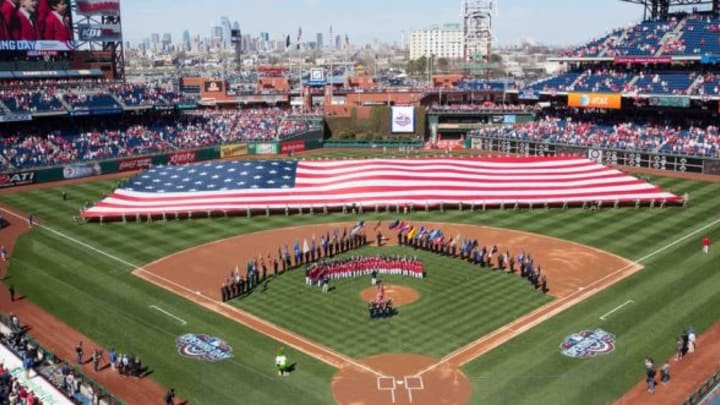 Apr 6, 2015; Philadelphia, PA, USA; A general view as a large American flag is unfurled during the playing of the national anthem before the game between the Philadelphia Phillies and Boston Red Sox on opening day at Citizens bank Park. The Red Sox won 8-0. Mandatory Credit: Bill Streicher-USA TODAY Sports