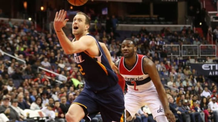 Feb 26, 2017; Washington, DC, USA; Utah Jazz forward Joe Ingles (2) loses control of the ball in front of Washington Wizards guard John Wall (2) in the fourth quarter at Verizon Center. The Jazz won 102-92. Mandatory Credit: Geoff Burke-USA TODAY Sports