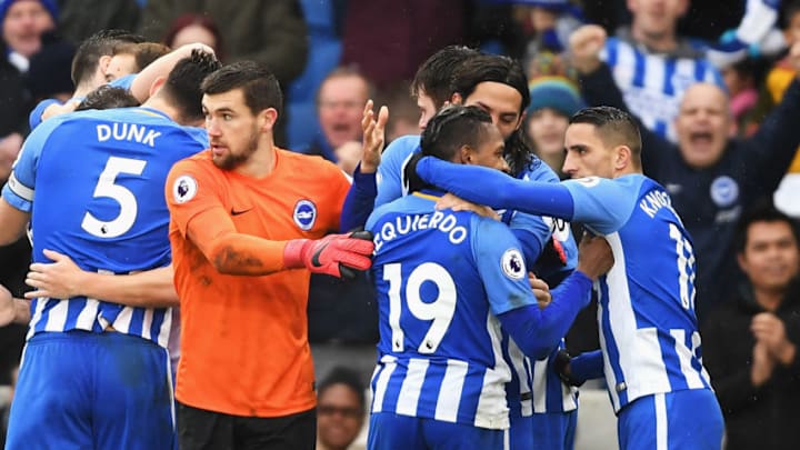 BRIGHTON, ENGLAND - JANUARY 01: Goalkeeper Mathew Ryan of Brighton and Hove Albion joins in the celebrations after Glenn Murray (blocked) scored his team's second goal during the Premier League match between Brighton and Hove Albion and AFC Bournemouth at Amex Stadium on January 1, 2018 in Brighton, England. (Photo by Mike Hewitt/Getty Images)