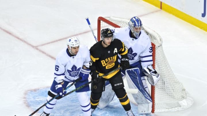 BOSTON, MA - DECEMBER 10: Boston Bruins Center David Krejci (46) tries to get position on Toronto Maple Leafs Defenceman Roman Polak (46) in front of the net. During the Boston Bruins game against the Toronto Maple Leafs on December 10, 2016 at TD Bank Garden in Boston, MA. (Photo by Michael Tureski/Icon Sportswire via Getty Images)