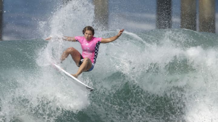 HUNTINGTON BEACH, CA - AUGUST 03: Coco Ho surfs during the Vans US Open of Surfing on August 3, 2017 in Huntington Beach, California. (Photo by Mike McGinnis/Getty Images)