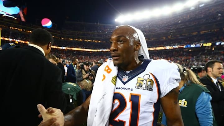 Feb 7, 2016; Santa Clara, CA, USA; Denver Broncos cornerback Aqib Talib (21) celebrates after defeating the Carolina Panthers in Super Bowl 50 at Levi