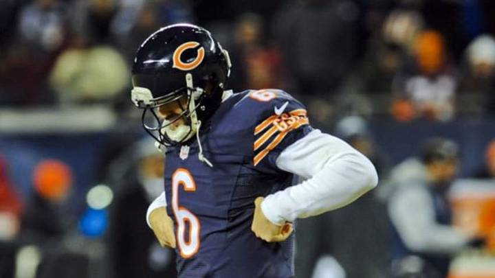 Dec 4, 2014; Chicago, IL, USA; Chicago Bears quarterback Jay Cutler (6) after throwing an interception in the end zone against the Dallas Cowboys during the second half of their game at Soldier Field. The Cowboys won 41-28. Mandatory Credit: Matt Marton-USA TODAY Sports Dec 4, 2014; Chicago, IL, USA; Chicago Bears quarterback Jay Cutler (6) after throwing an interception in the end zone against the Dallas Cowboys during the second half of their game at Soldier Field. The Cowboys won 41-28. Mandatory Credit: Matt Marton-USA TODAY Sports