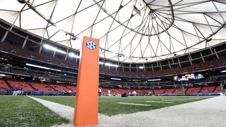 Dec 5, 2015; Atlanta, GA, USA; General view of an SEC pylon prior to the 2015 SEC Championship Game at the Georgia Dome. Mandatory Credit: John David Mercer-USA TODAY Sports