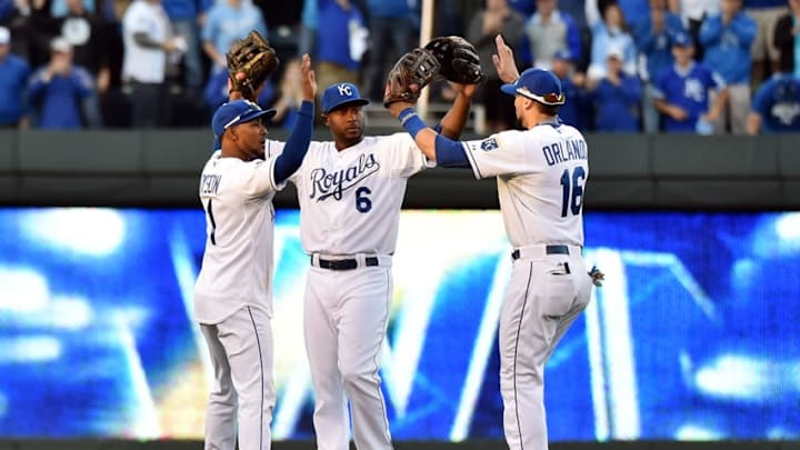 Jarrod Dyson, Lorenzo Cain, and Paulo Orlando – Mandatory Credit: Peter G. Aiken-USA TODAY Sports