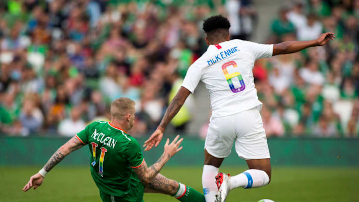 James McClean of Ireland and Weston McKennie of USA during the International Friendly match between Republic of Ireland and USA at Aviva Stadium in Dublin, Ireland on June 2, 2018 (Photo by Andrew Surma/NurPhoto via Getty Images)