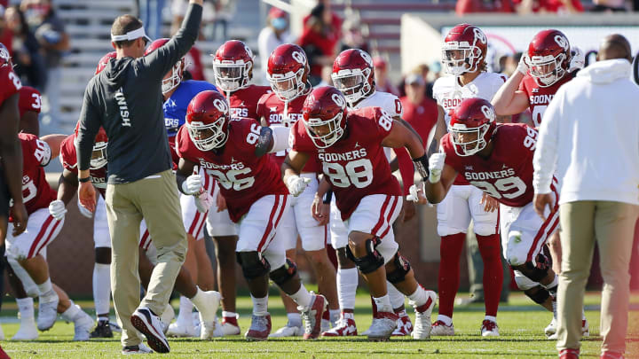NORMAN, OK – APRIL 24: Head coach Lincoln Riley of the Oklahoma Sooners runs the defense through some sprints after the team’s spring game at Gaylord Family Oklahoma Memorial Stadium on April 24, 2021 in Norman, Oklahoma. (Photo by Brian Bahr/Getty Images)