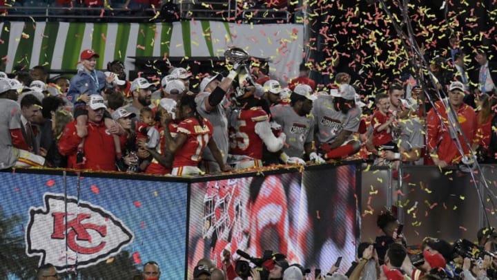 MIAMI, FLORIDA - FEBRUARY 02: The Kansas City Chiefs celebrate after the they defeated the San Francisco 49ers in Super Bowl LIV at Hard Rock Stadium on February 02, 2020 in Miami, Florida. The Chiefs won the game 31-20. (Photo by Focus on Sport/Getty Images) *** Local Caption ***
