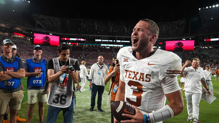 Texas Longhorns quarterback Quinn Ewers (3) celebrates the 34-24 win over Alabama at Bryant-Denny Stadium on Saturday, Sep. 9, 2023 in Tuscaloosa, Alabama.