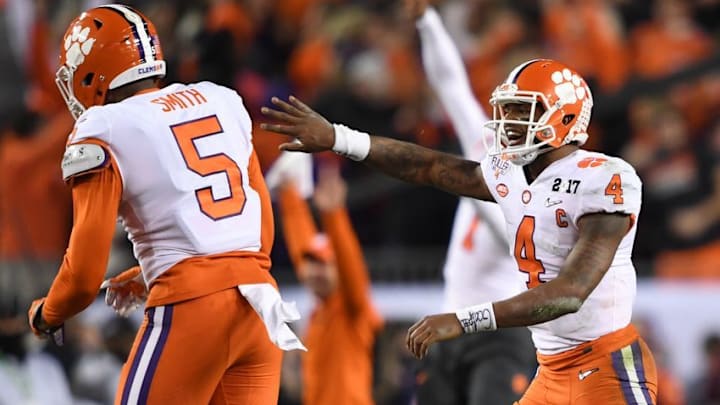 Jan 9, 2017; Tampa, FL, USA; Clemson Tigers linebacker Shaq Smith (5) and quarterback Deshaun Watson (4) celebrate during the fourth quarter against the Alabama Crimson Tide in the 2017 College Football Playoff National Championship Game at Raymond James Stadium. Mandatory Credit: John David Mercer-USA TODAY Sports