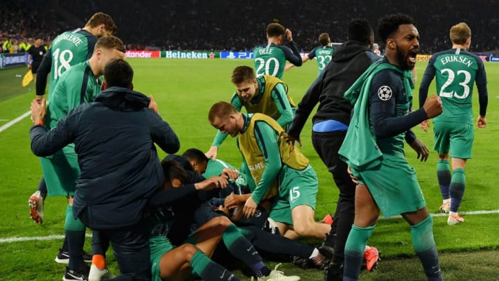 Tottenham Hotspur players celebrating a goal against Ajax Amsterdam in 2018-19 UEFA Champions League.