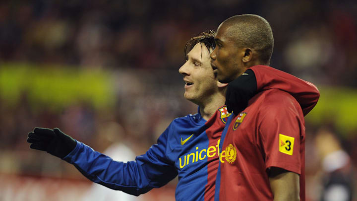 Barcelona's Samuel Eto'o (R) celebrates Barcelona's Samuel Eto'o (R) celebrates