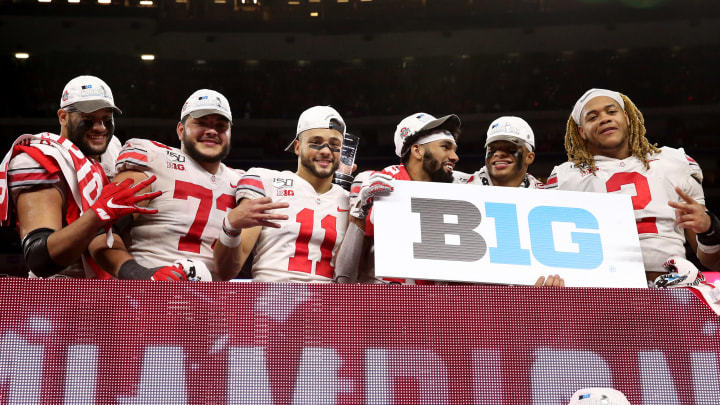 Chase Young and other Ohio State players celebrate after winning the 2019 Big Ten Championship Game.