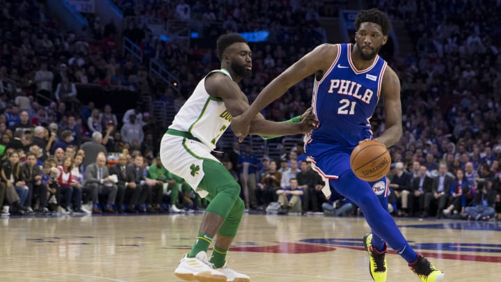 Jaylen Brown defending Joel Embiid Jaylen Brown defending Joel Embiid
