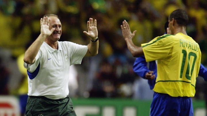 Brazil coach Luiz Felipe Scolari celebrates with Rivaldo