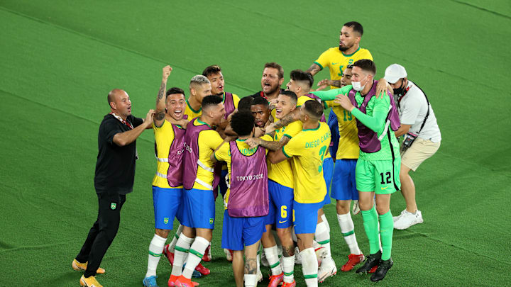 Brazil celebrated their victory over Spain in Olympics men's football final Brazil celebrated their victory over Spain in Olympics men's football final