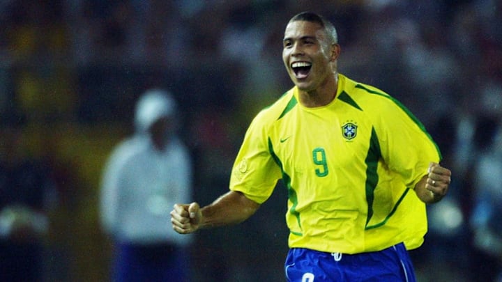 Brazilian forward Ronaldo celebrates after scoring