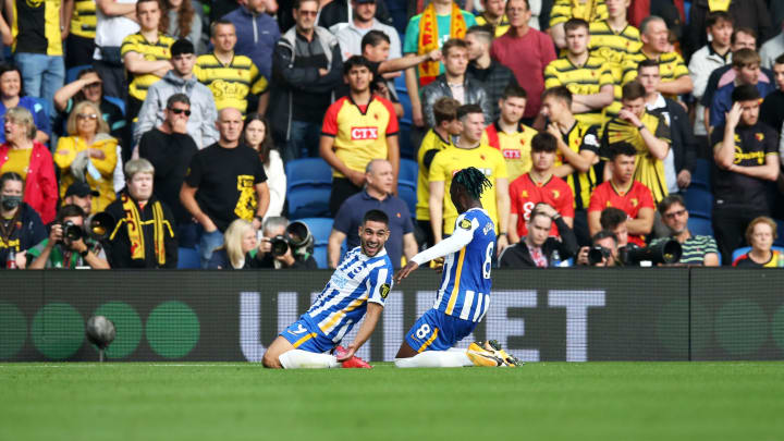 Two of Brighton's stand-out performers, Neal Maupay and Yves Bissouma celebrate a hugely impressive display against Watford