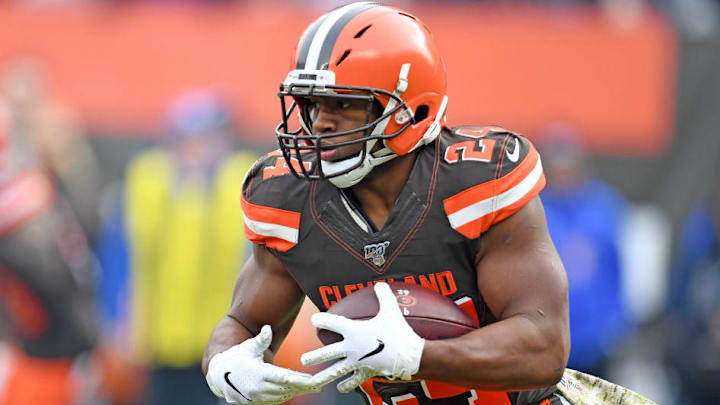 Browns RB Nick Chubb taking a handoff against the Bills