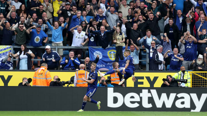 Patrick Bamford and Raphinha celebrating against Burnley