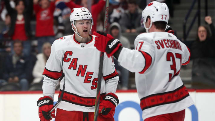Andrei Svechnikov celebrates a goal. Andrei Svechnikov celebrates a goal.