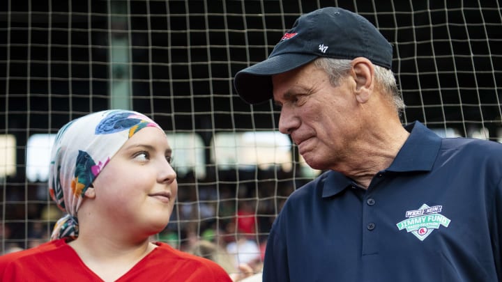 Boston Red Sox Larry Lucchino shares a moment during a game against the Indians Boston Red Sox Larry Lucchino shares a moment during a game against the Indians