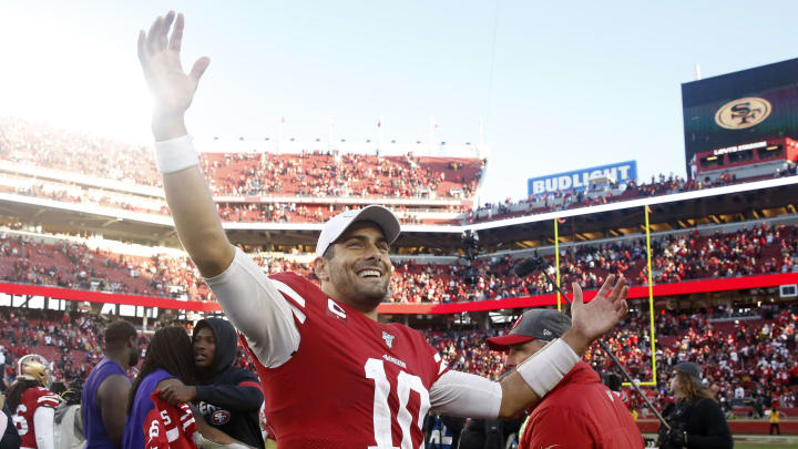 Jimmy Garoppolo celebrates after defeating the Minnesota Vikings in the NFC Divisional Round. 