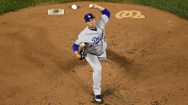 Hyun-Jin Ryu delivers a pitch for the Los Angeles Dodgers in the NLDS