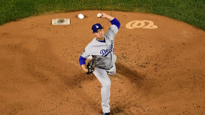 Hyun-Jin Ryu pitches against the Washington Nationals in Game 3 of the 2019 NLDS