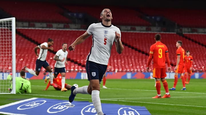 Conor Coady celebrates scoring his first England goal against Wales