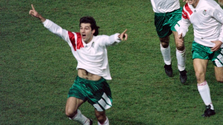 Emil Kostadinov célèbre le but qui élimine la France des qualifications pour la Coupe du Monde 1994