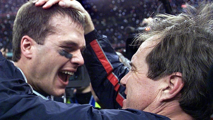 Tom Brady and Bill Belichick celebrate the Patriots' first Super Bowl.