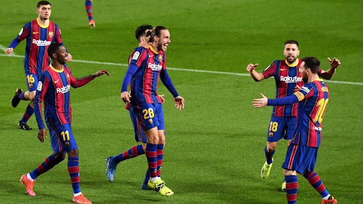 Oscar Mingueza, Ousmane Dembele, Jordi Alba, Lionel Messi