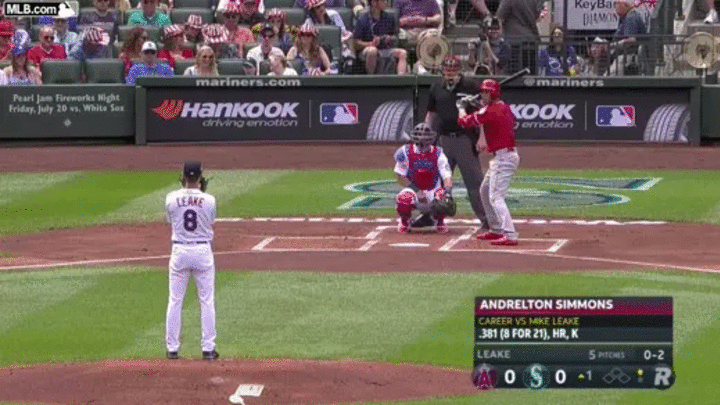 Mike Leake strikes out Andrelton Simmons swinging on July 4, 2018
