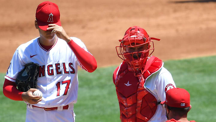Shohei Ohtani, Max Stassi, Mickey Callaway Shohei Ohtani, Max Stassi, Mickey Callaway
