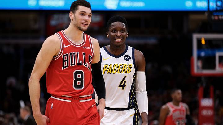 Bulls guard Zach Lavine and Pacer guard Victor Oladipo share a laugh. Bulls guard Zach Lavine and Pacer guard Victor Oladipo share a laugh.