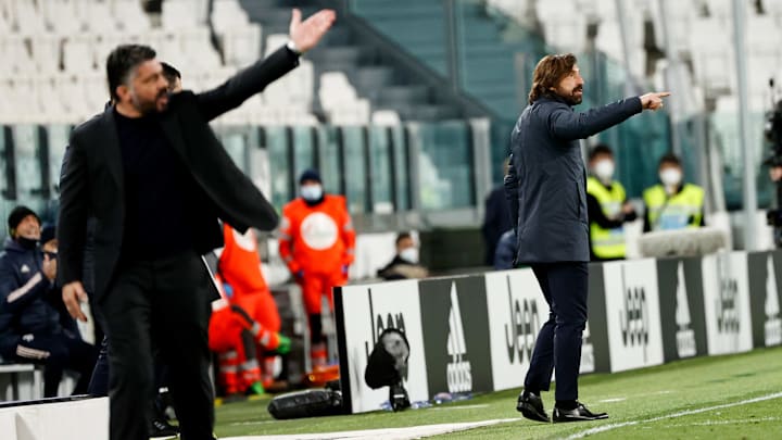 Pirlo e Gattuso, allenatori rispettivamente di Juve e Napoli Pirlo e Gattuso, allenatori rispettivamente di Juve e Napoli