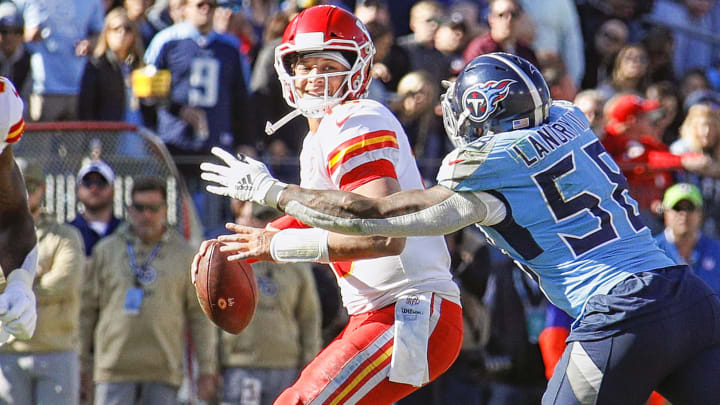 Patrick Mahomes attempts to get a pass off against the Titans in Week 10.