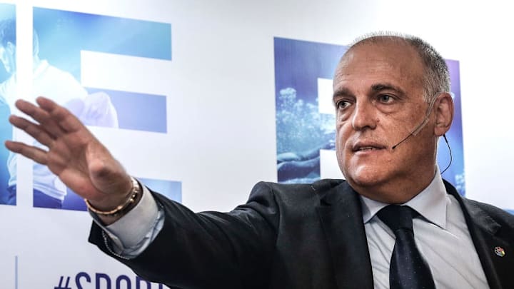 La Liga President Javier Tebas Makes A Speech In SPORTELAisa